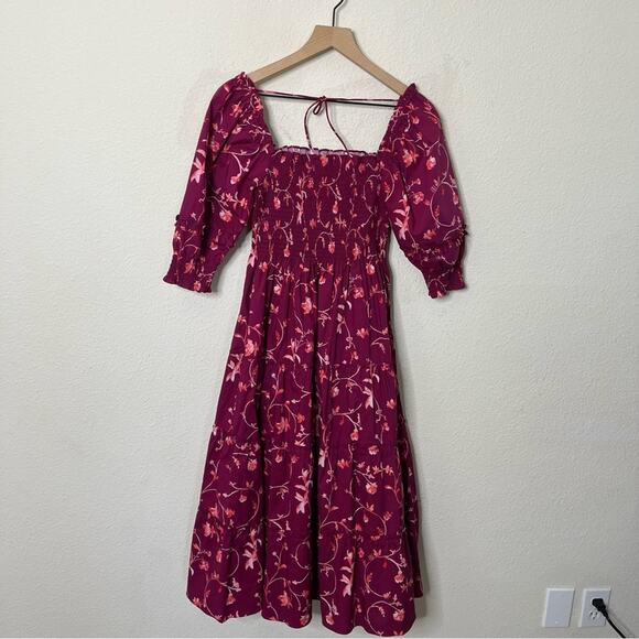 Hill House The Nesli Nap Smocked Dress Burgundy Botanical Floral Womens Size XS - Picture 7 of 9